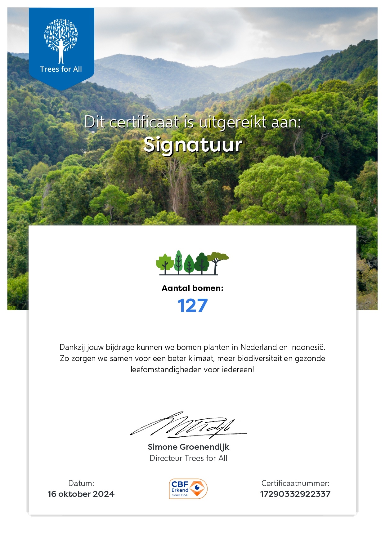 Certificaat Trees for All: 127 bomen!